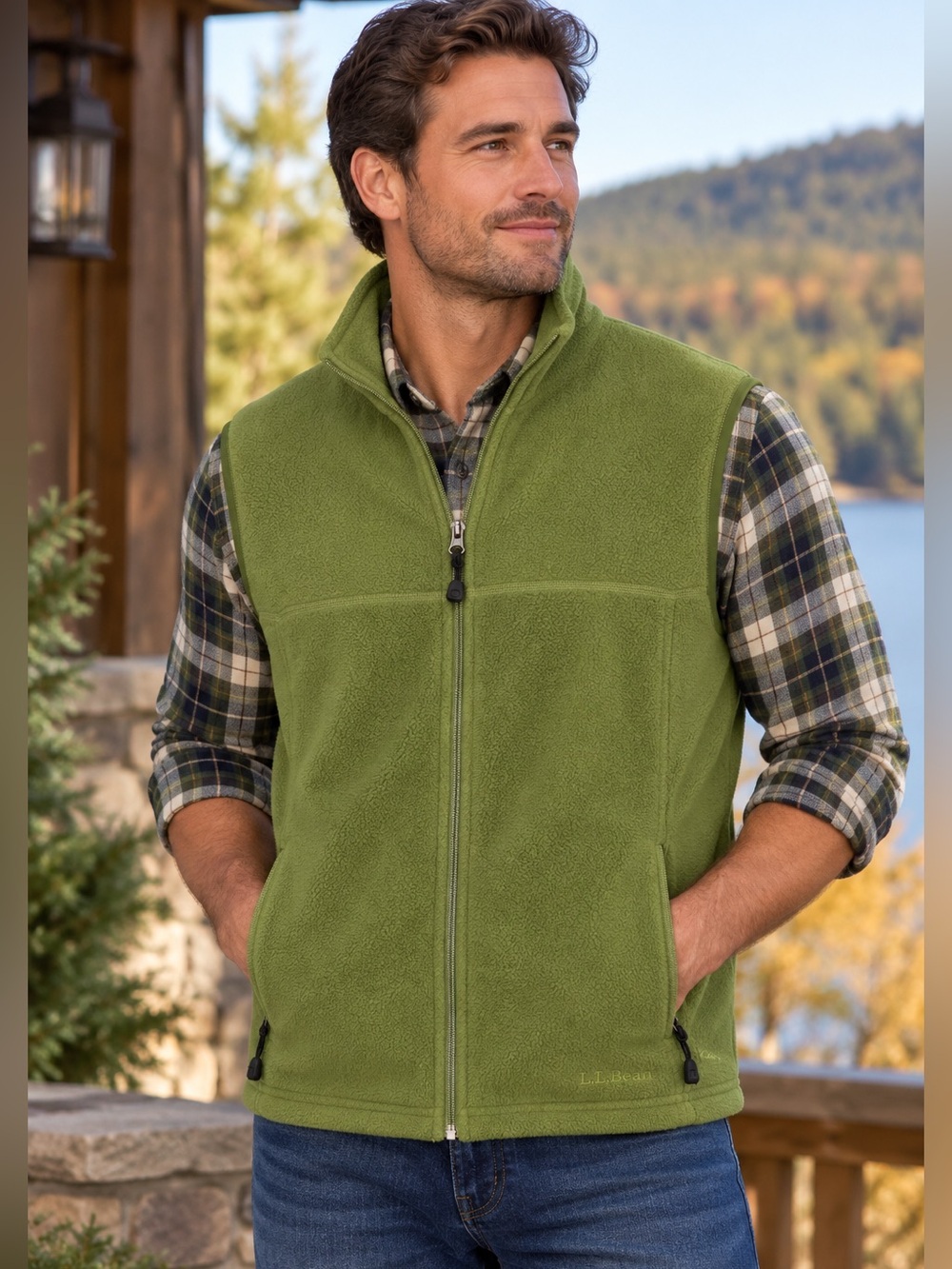 L.L.Bean Men’s Lime Green Fleece Full Zip Vest Polartec Size Medium